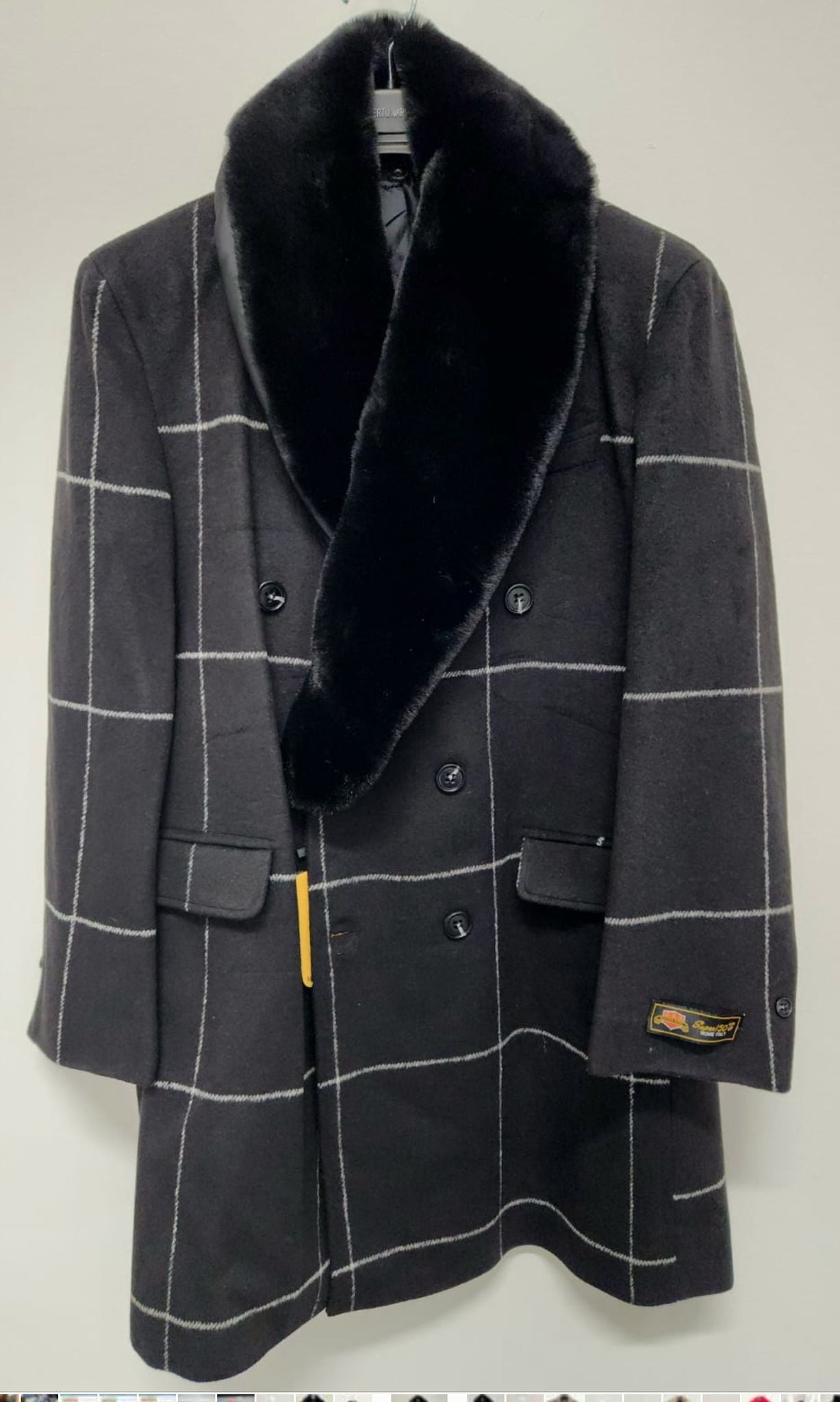 Mens Black Windowpane Wool Overcoat with Faux Fur Shawl Collar  Double-Breasted Long Coat