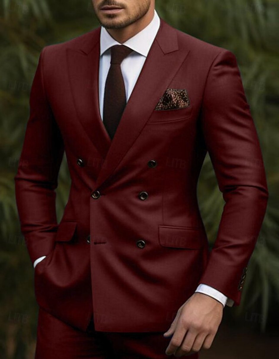 Double Breasted Slim Fit Suit - Burgundy Suit - Tapred Fit Pants - Men's Tuxedo USA