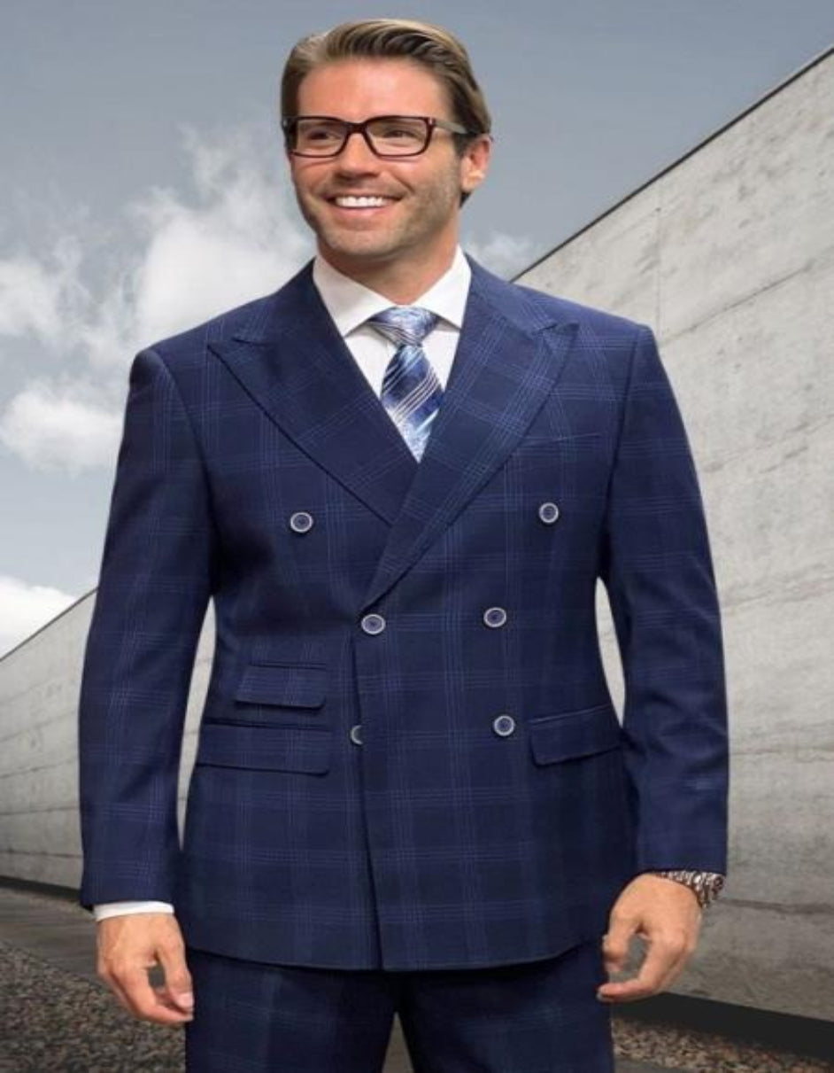 Double Breasted Suit - "Wool" Plaid Windowpane Suits - Statement Designer Suits Navy - 100% Percent Wool Fabric Suit - Worsted Wool Business Suit