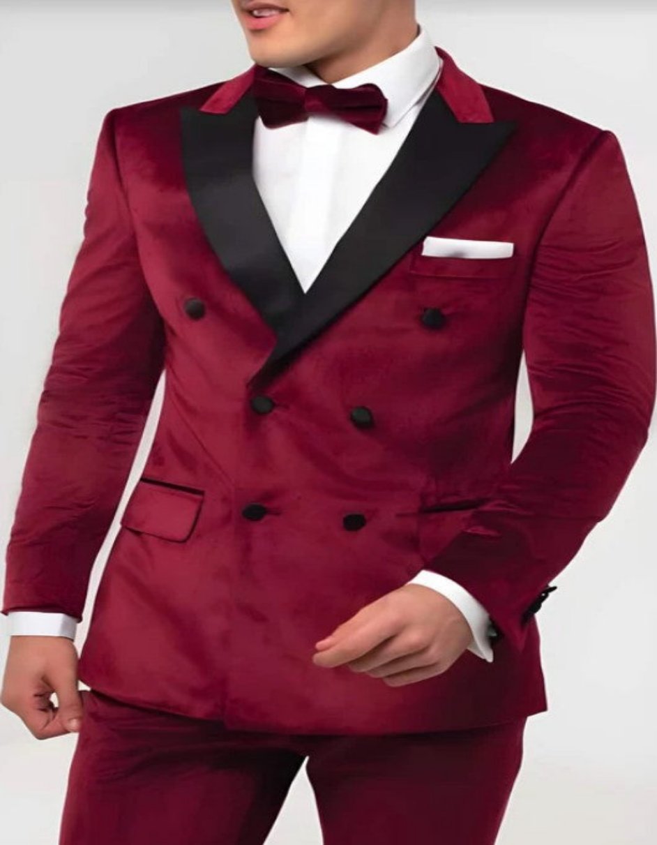 Mens Burgundy Velvet Tuxedo - Velvet Suits Double Breasted Tuxedo Suits - Slim Fit