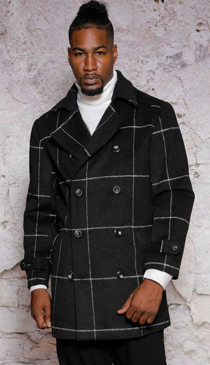 Mens Black Windowpane Check Wool Overcoat  Double-Breasted Winter Peacoat