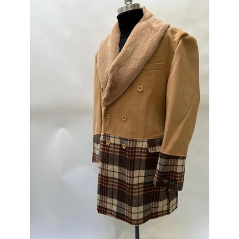 Mens Camel Brown Shawl Collar Overcoat with Plaid Wool Bottom  Double-Breasted Winter Topcoat With Fur Collar