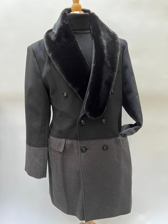 Mens Double-Breasted Wool Overcoat with Faux Fur Shawl Collar  Classic Winter Dress Coat in Half Black and Charcoal