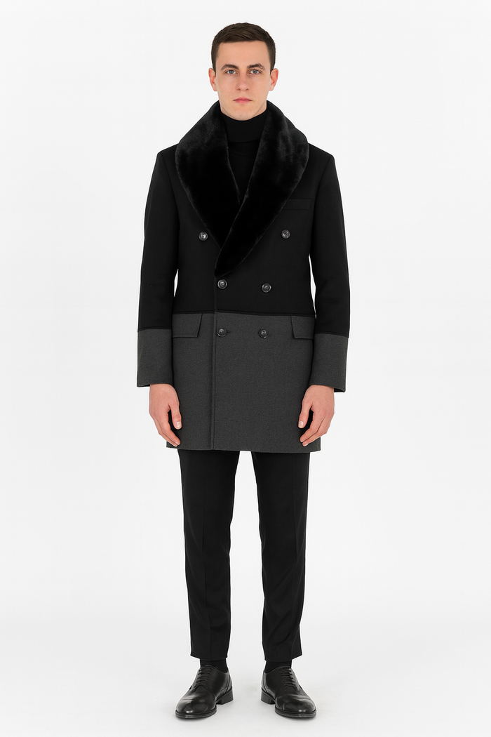 Mens Double-Breasted Wool Overcoat with Faux Fur Shawl Collar  Classic Winter Dress Coat in Half Black and Charcoal