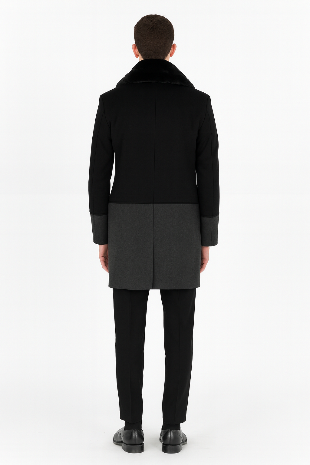 Mens Double-Breasted Wool Overcoat with Faux Fur Shawl Collar  Classic Winter Dress Coat in Half Black and Charcoal