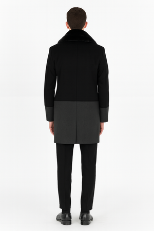 Mens Double-Breasted Wool Overcoat with Faux Fur Shawl Collar  Classic Winter Dress Coat in Half Black and Charcoal