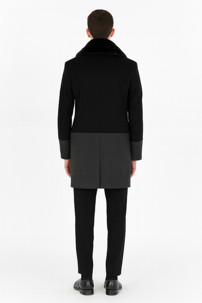 Mens Double-Breasted Wool Overcoat with Faux Fur Shawl Collar  Classic Winter Dress Coat in Half Black and Charcoal