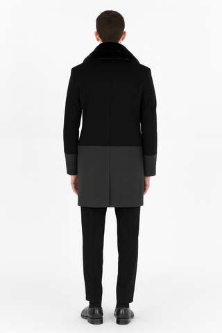 Men’s Double-Breasted Wool Overcoat with Faux Fur Shawl Collar – Classic Winter Dress Coat in Half Black and Charcoal