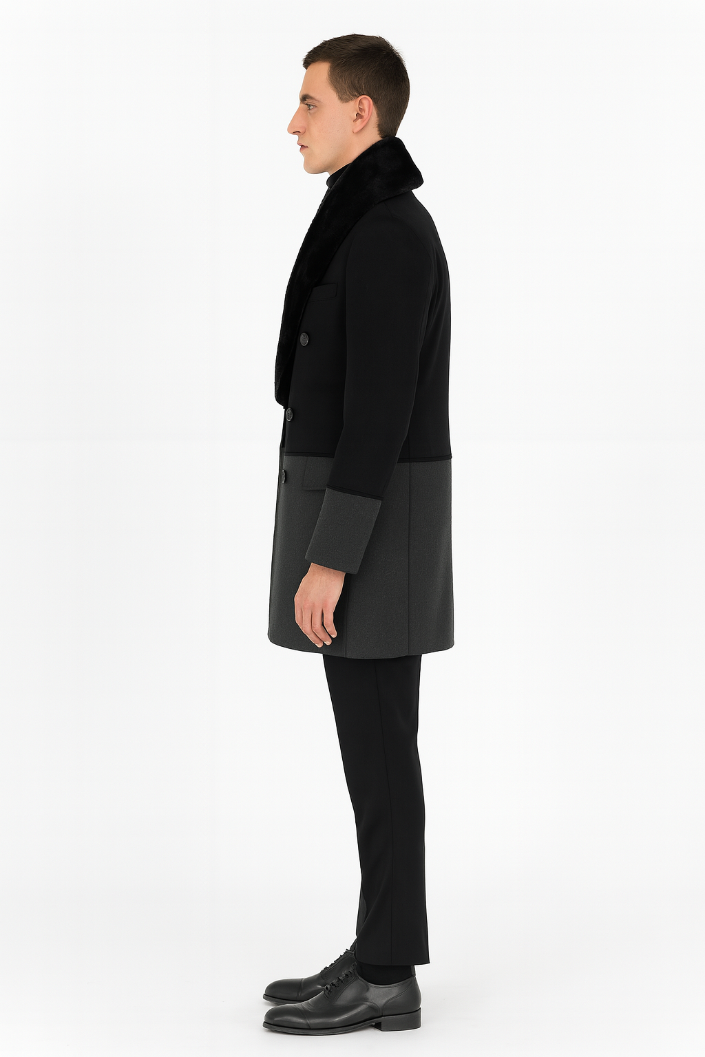 Mens Double-Breasted Wool Overcoat with Faux Fur Shawl Collar  Classic Winter Dress Coat in Half Black and Charcoal