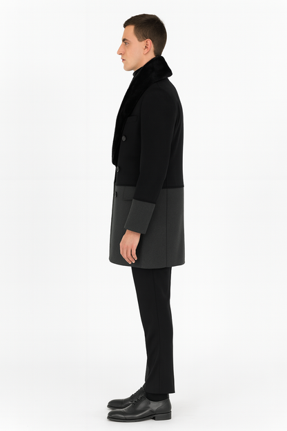 Mens Double-Breasted Wool Overcoat with Faux Fur Shawl Collar  Classic Winter Dress Coat in Half Black and Charcoal