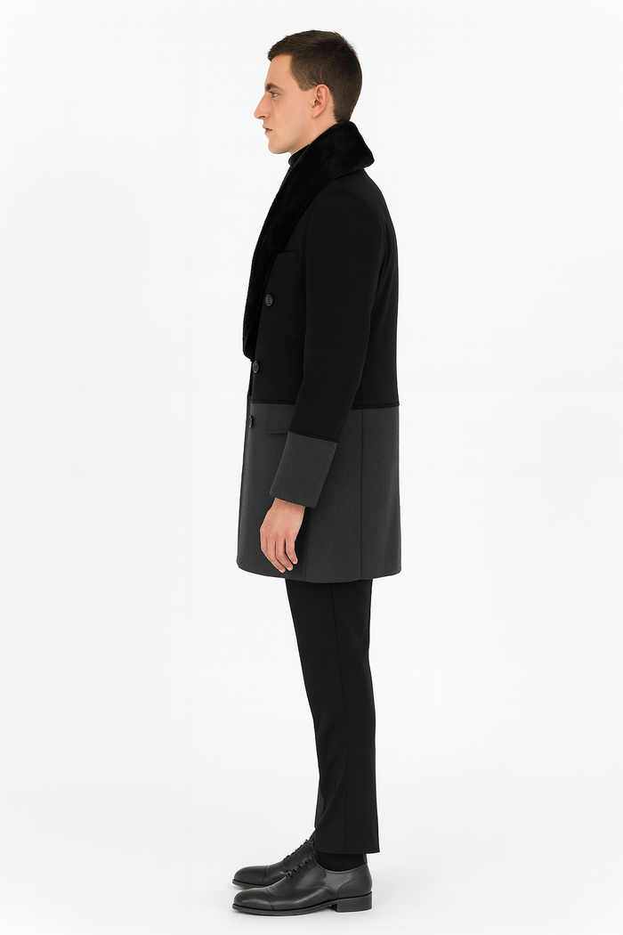 Mens Double-Breasted Wool Overcoat with Faux Fur Shawl Collar  Classic Winter Dress Coat in Half Black and Charcoal
