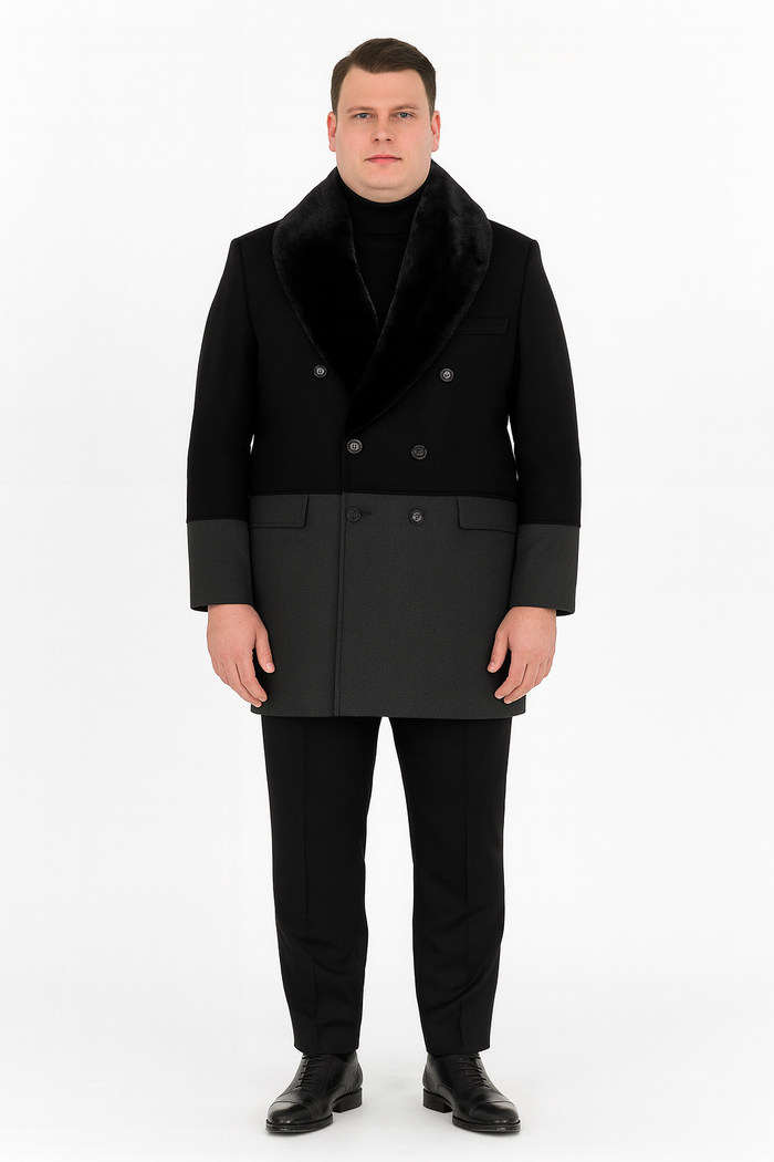 Mens Double-Breasted Wool Overcoat with Faux Fur Shawl Collar  Classic Winter Dress Coat in Half Black and Charcoal