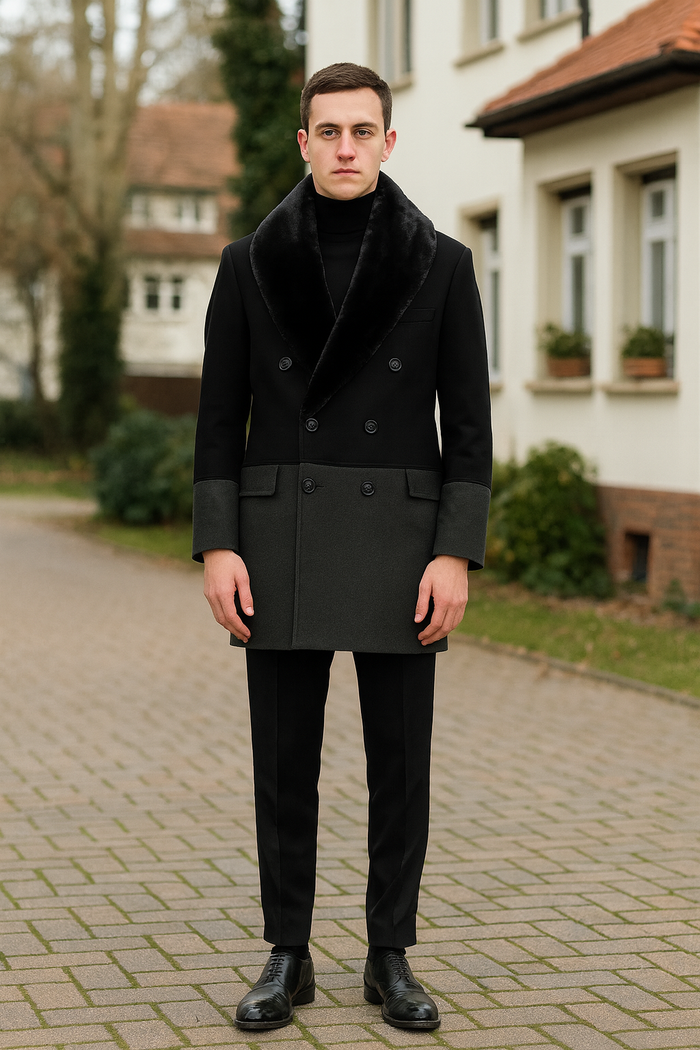 Mens Double-Breasted Wool Overcoat with Faux Fur Shawl Collar  Classic Winter Dress Coat in Half Black and Charcoal