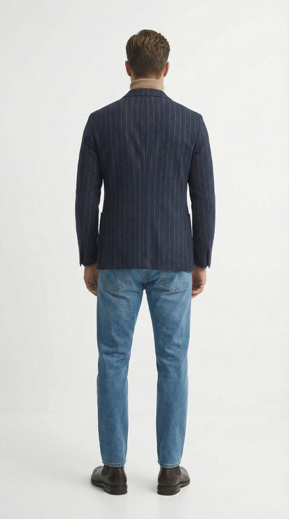 Men’s Double Breasted Navy Blue Pinstripe Blazer – Stripe Sport Coat Jacket