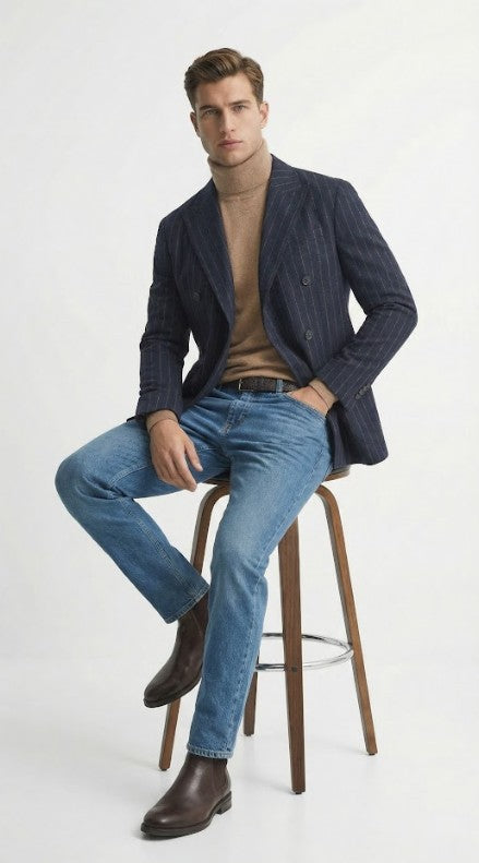 Men’s Double Breasted Navy Blue Pinstripe Blazer – Stripe Sport Coat Jacket