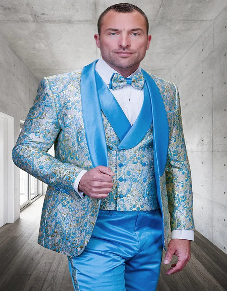 Blue Wedding Tuxedo - Men's Vested Shiny Paisley Wedding Double Breasted Turquoise Tuxedo