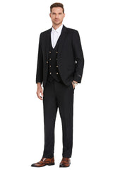 Men's One Button Peak Lapel Vested Suit With Gold Buttons In Black - Men's Tuxedo USA