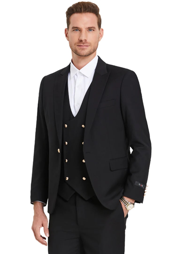 Men's One Button Peak Lapel Vested Suit With Gold Buttons In Black - Men's Tuxedo USA