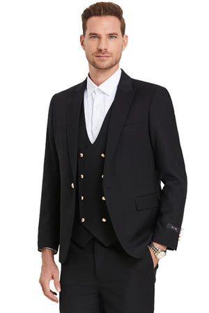 Men's One Button Peak Lapel Vested Suit With Gold Buttons In Black - Men's Tuxedo USA