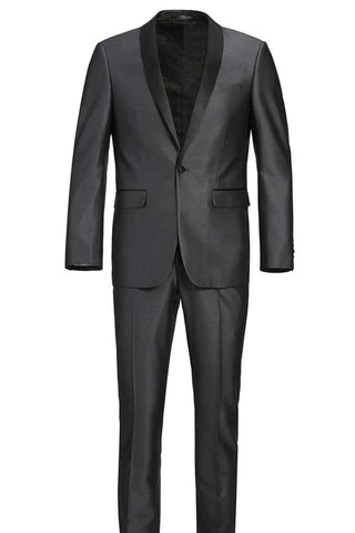 Mens Gray Tuxedo - Grey Wedding Suit-Mens Traditional Slim Fit Shawl Collar Tuxedo In Charcoal Grey