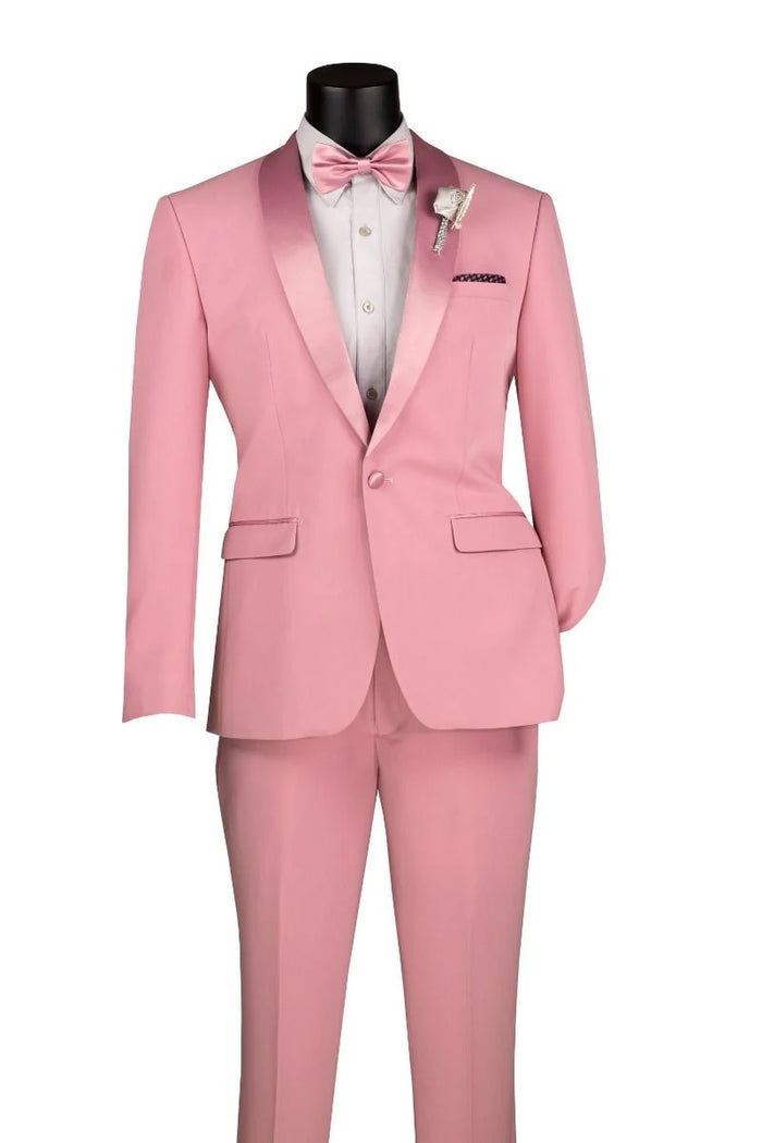 Dusty Rose Pink Tuxedo for Men  One Button Satin Lapel Wedding Prom Suit with Bow Tie