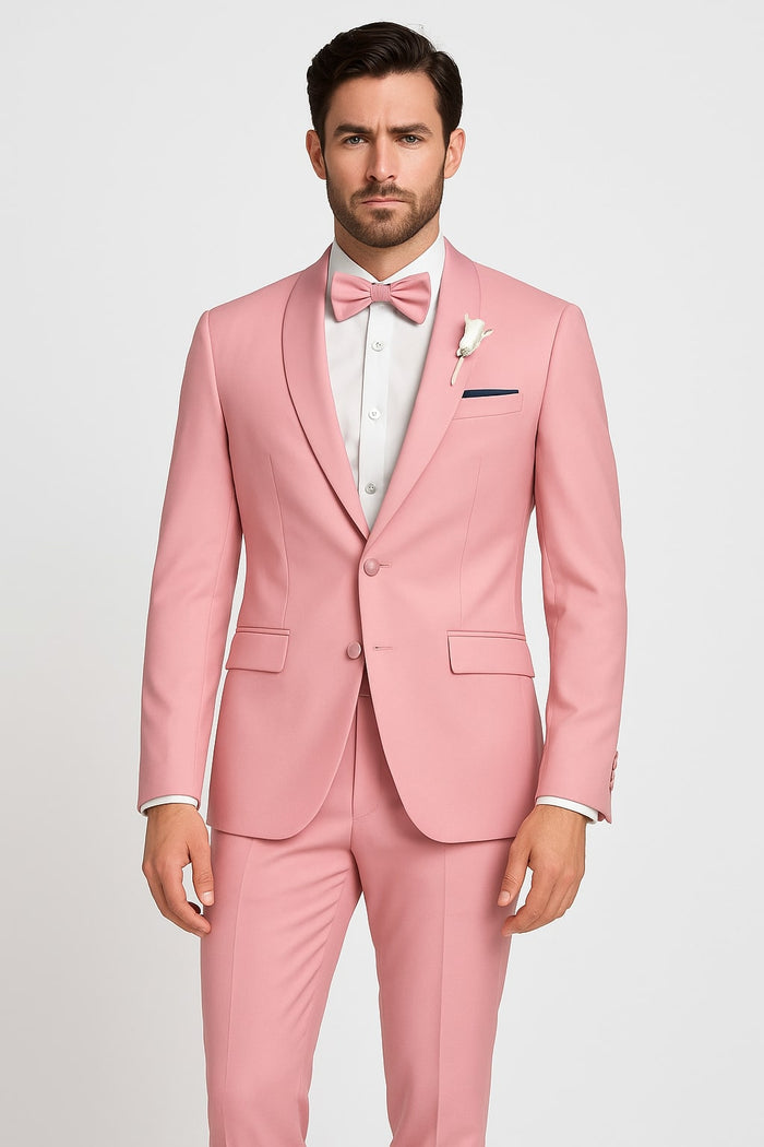 Dusty Rose Pink Tuxedo for Men  One Button Satin Lapel Wedding Prom Suit with Bow Tie