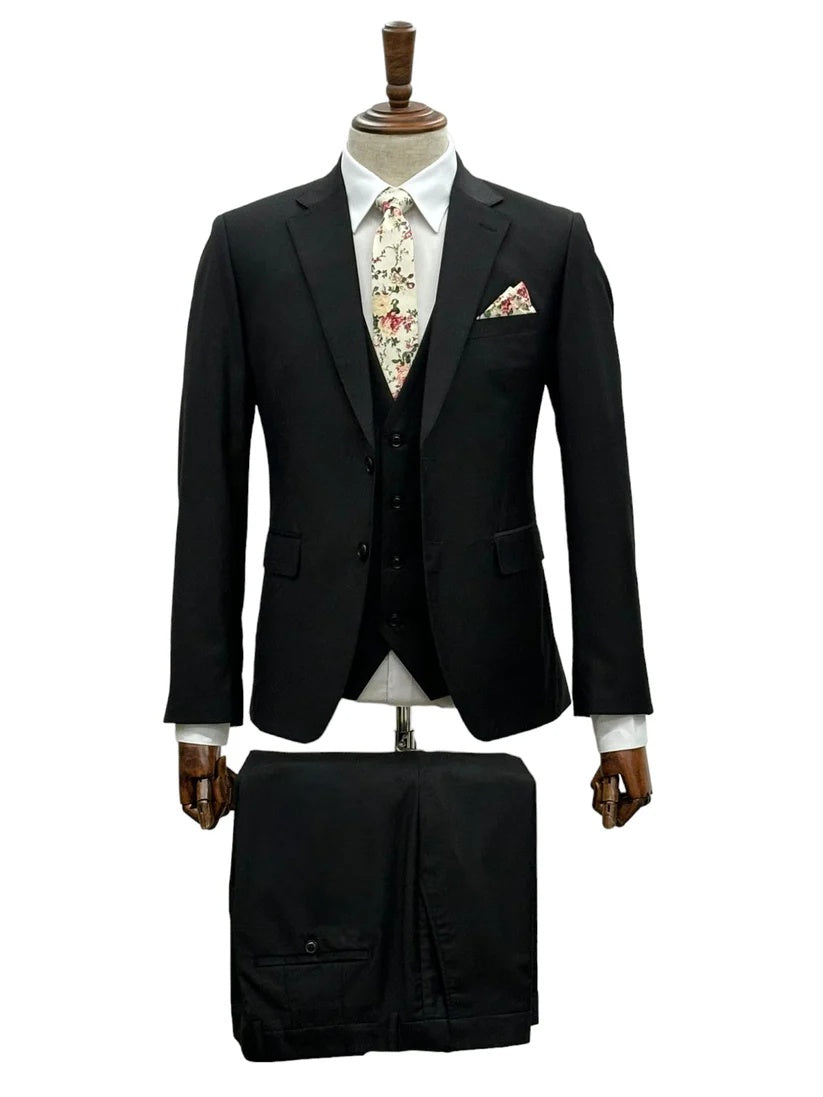 Mens Giovanni Testi 3 Piece Suit in Black – Notch Lapel 2 Button Jacket with Side Vents & Comfort Flex Waist Pants