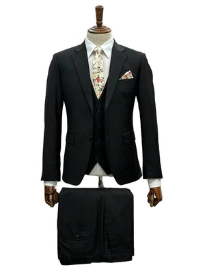Mens Giovanni Testi 3 Piece Suit in Black – Notch Lapel 2 Button Jacket with Side Vents & Comfort Flex Waist Pants