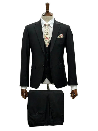 Mens Giovanni Testi 3 Piece Suit in Black – Notch Lapel 2 Button Jacket with Side Vents & Comfort Flex Waist Pants