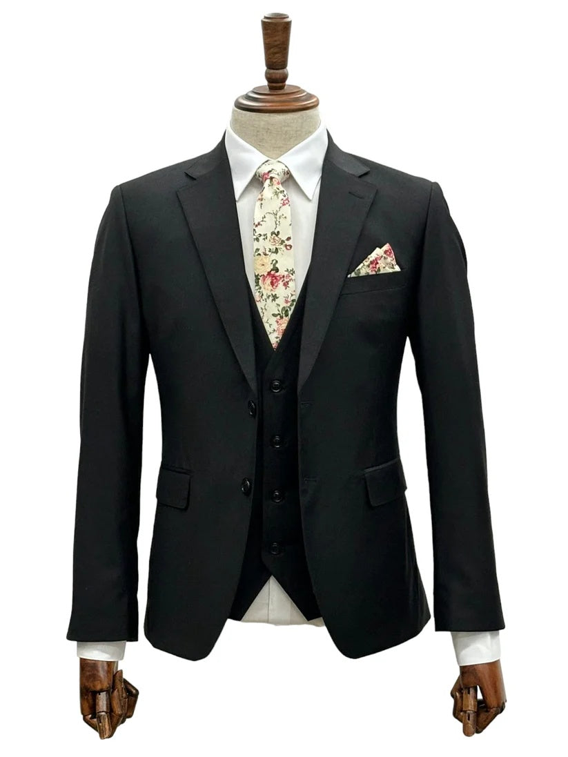 Mens Giovanni Testi 3 Piece Suit in Black – Notch Lapel 2 Button Jacket with Side Vents & Comfort Flex Waist Pants