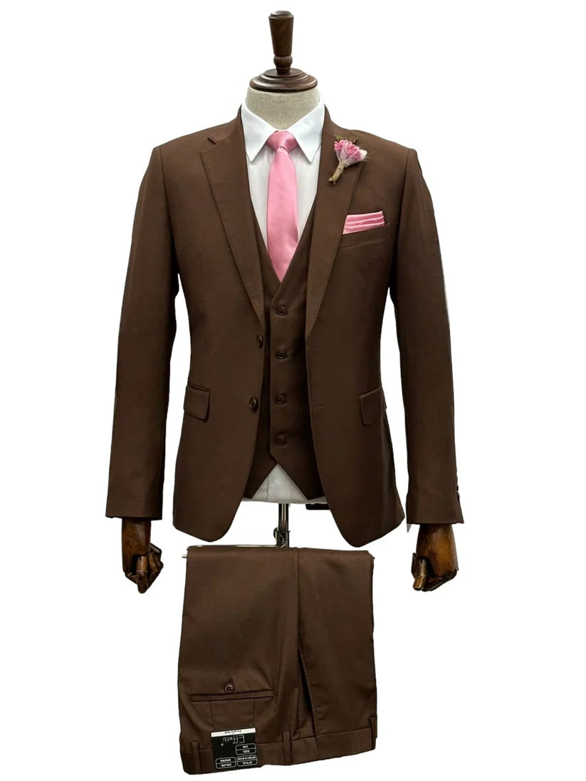 Mens Giovanni Testi Brown Suit Set – 2 Button Notch Lapel Blazer with Pick Stitching & Comfort Waist Pants