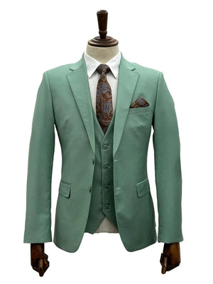 Mens Giovanni Testi Mint 3 Piece Suit – Modern Fit 2 Button Notch Lapel with Pick Stitching & Flex Waist Pants