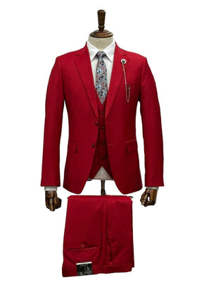 Mens Giovanni Testi Red 3 Piece Suit Set – Notch Lapel Jacket, Matching Vest, Side Vents & Comfort Waist Pants