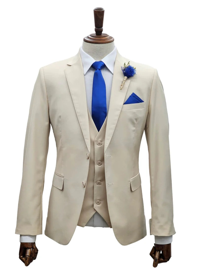 Mens Giovanni Testi Sand 3 Piece Suit – Formal 2 Button Blazer, Vest & Comfort Flex Waist Trousers