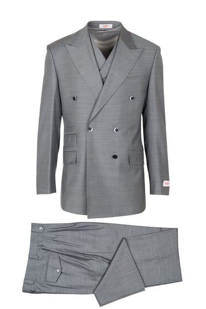 Tiglio Rosso Men’s Gray Super 150’s Italian Wool 3-Piece Suit – Double-Breasted Jacket, Vest and Wide-Leg Pants