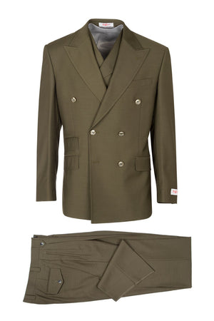Tiglio Italian Suit - Real Wool Fabric Super 150's EST Olive, Wide Leg Suit & Vest in Color Olive
