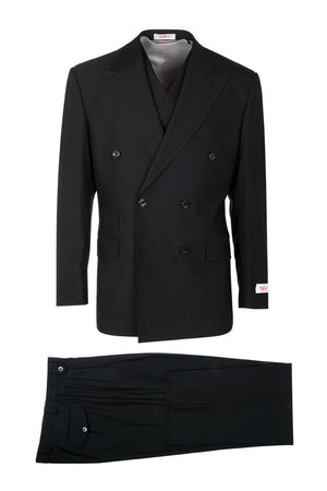 Tiglio Italian Suit - Real Wool Fabric Super 150's EST Black, Double Breast  Wide Leg Suit & Vest in Color Black