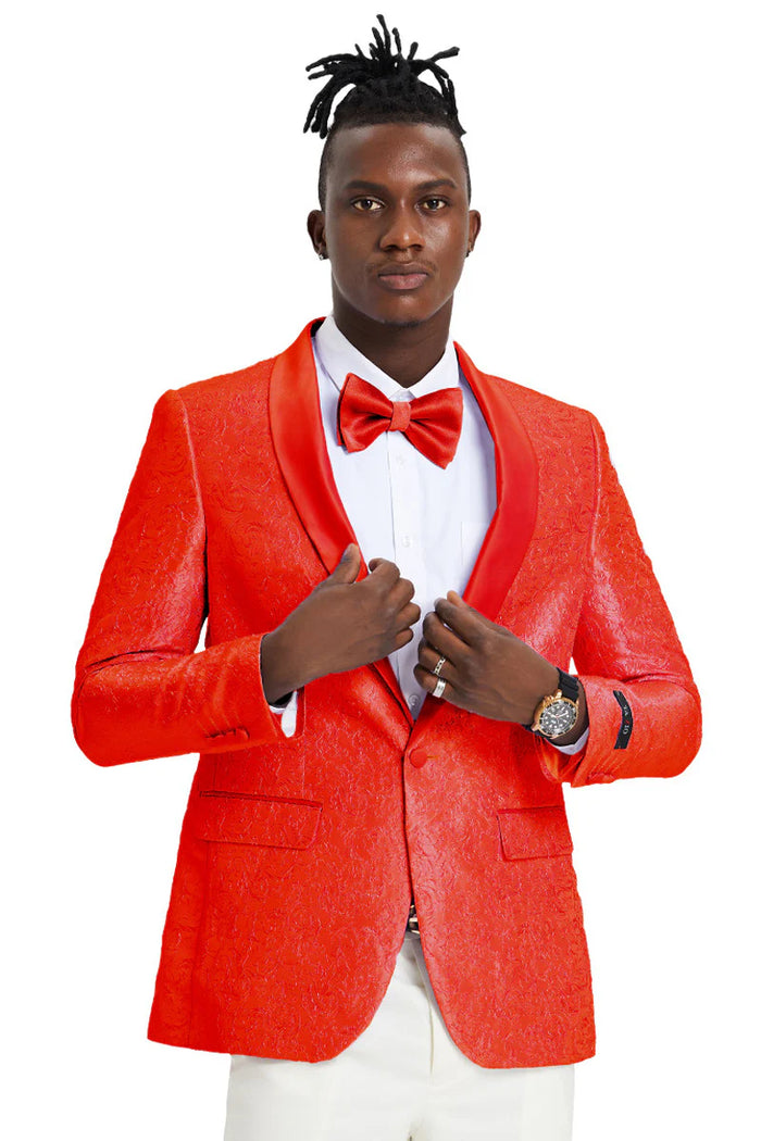 Mens Slim Fit Tonal Paisley Tuxedo Jacket in Red for Wedding & Prom