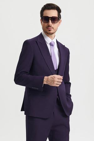 Men's Vested One Button Peak Lapel Stacy Adams Designer Suit in Eggplant