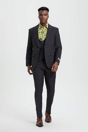 Men's Vested One Button Peak Lapel Stacy Adams Designer Suit in Charcoal