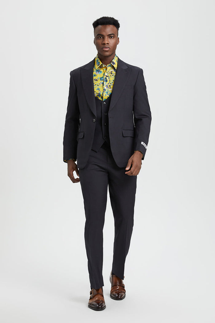 Men's Vested One Button Peak Lapel Stacy Adams Designer Suit in Charcoal