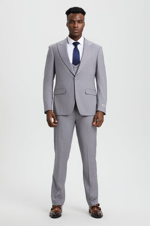 Men's Vested One Button Peak Lapel Stacy Adams Designer Suit in Light Grey