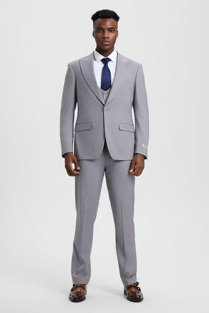 Men's Vested One Button Peak Lapel Stacy Adams Designer Suit in Light Grey