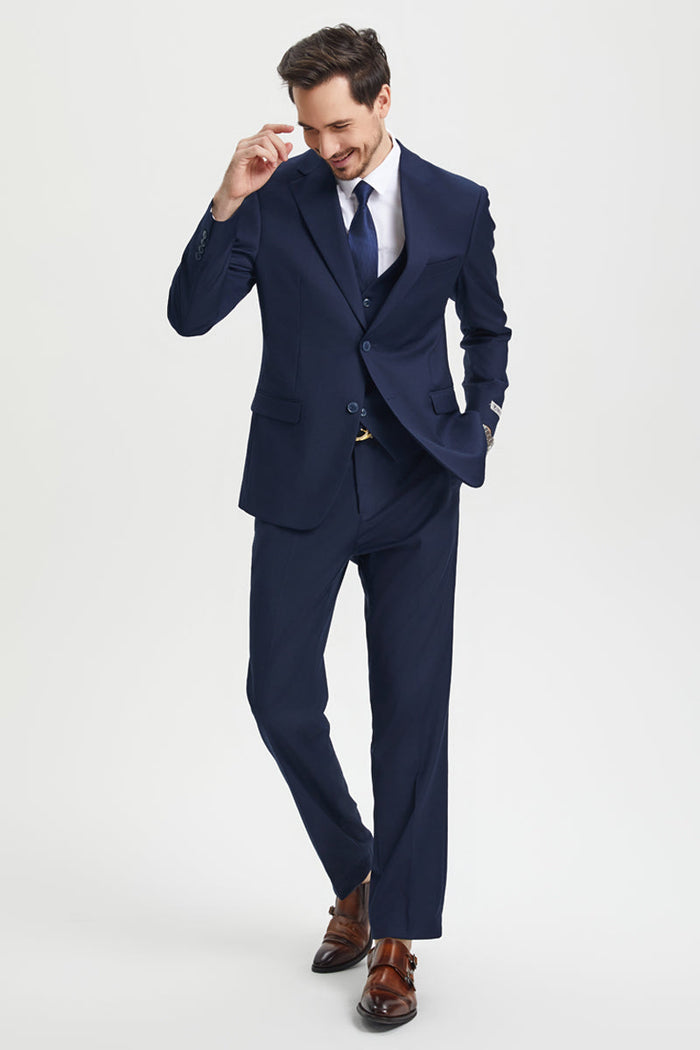 Men's Two Button Vested Stacy Adams Basic Designer Suit in Navy Blue