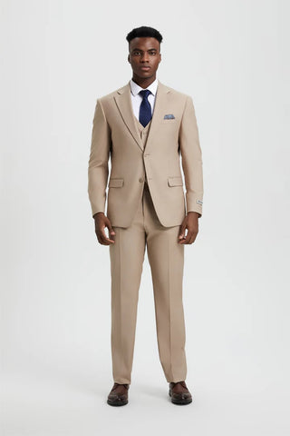 Men's Two Button Vested Stacy Adams Basic Designer Suit in Tan