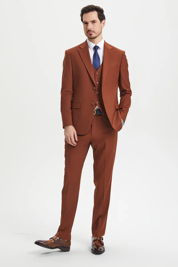 Mens Brown Rust 3-Piece Suit  Two-Button Classic Designer Ensemble