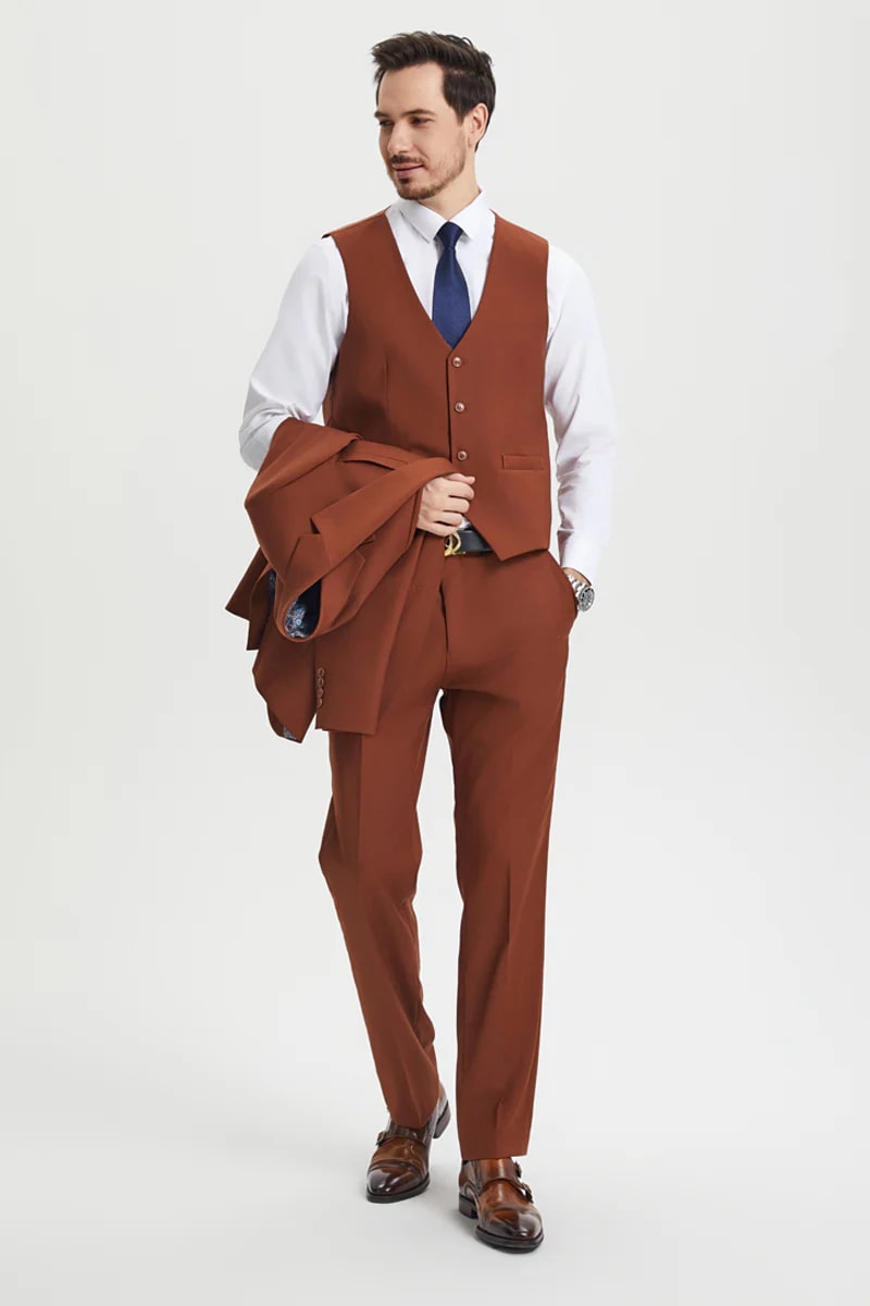 Mens Brown Rust 3-Piece Suit  Two-Button Classic Designer Ensemble