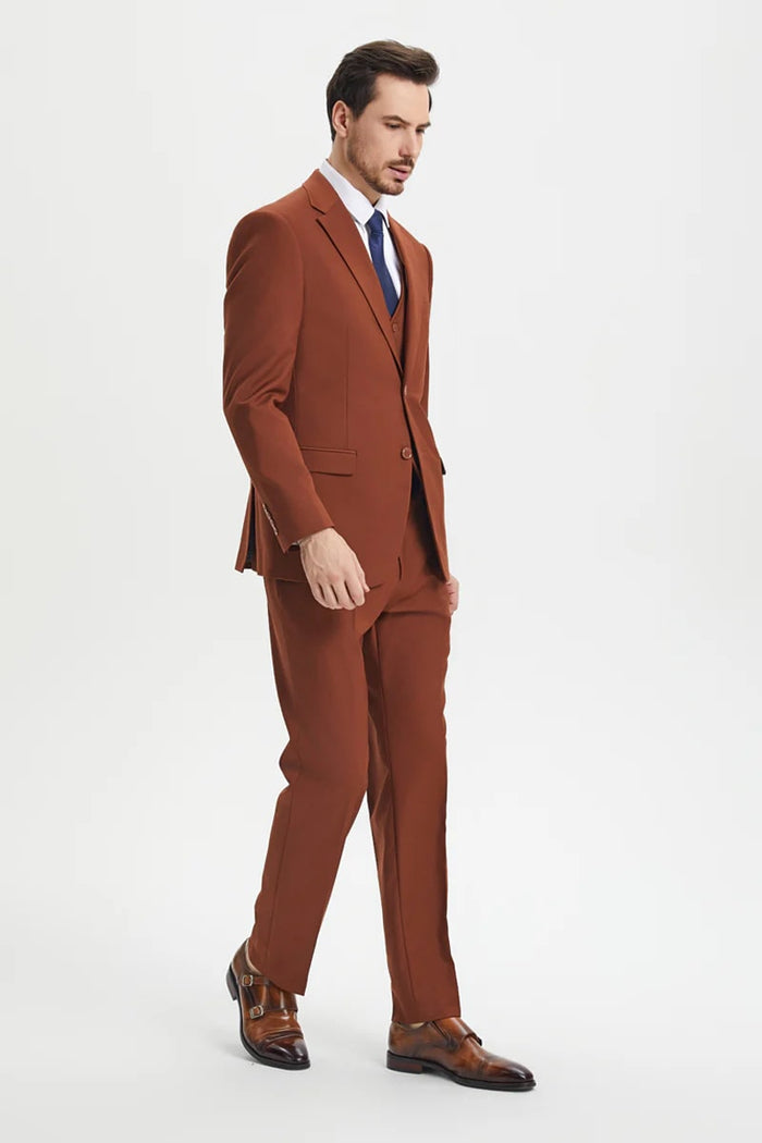 Mens Brown Rust 3-Piece Suit  Two-Button Classic Designer Ensemble