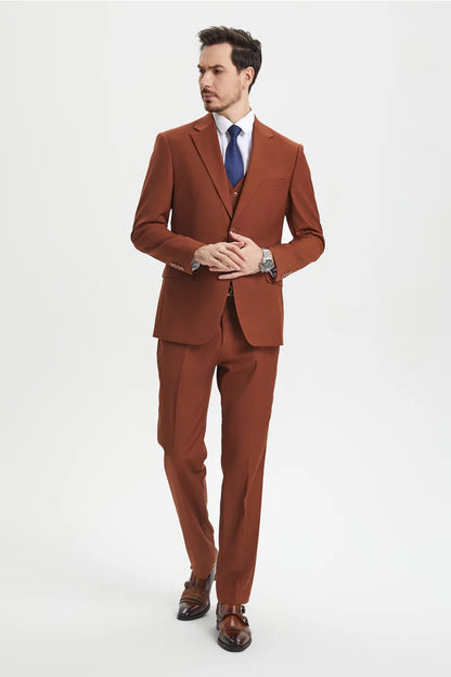 Mens Brown Rust 3-Piece Suit  Two-Button Classic Designer Ensemble