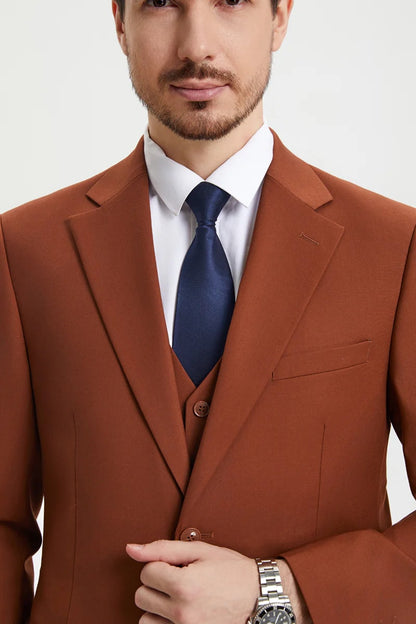 Mens Brown Rust 3-Piece Suit  Two-Button Classic Designer Ensemble